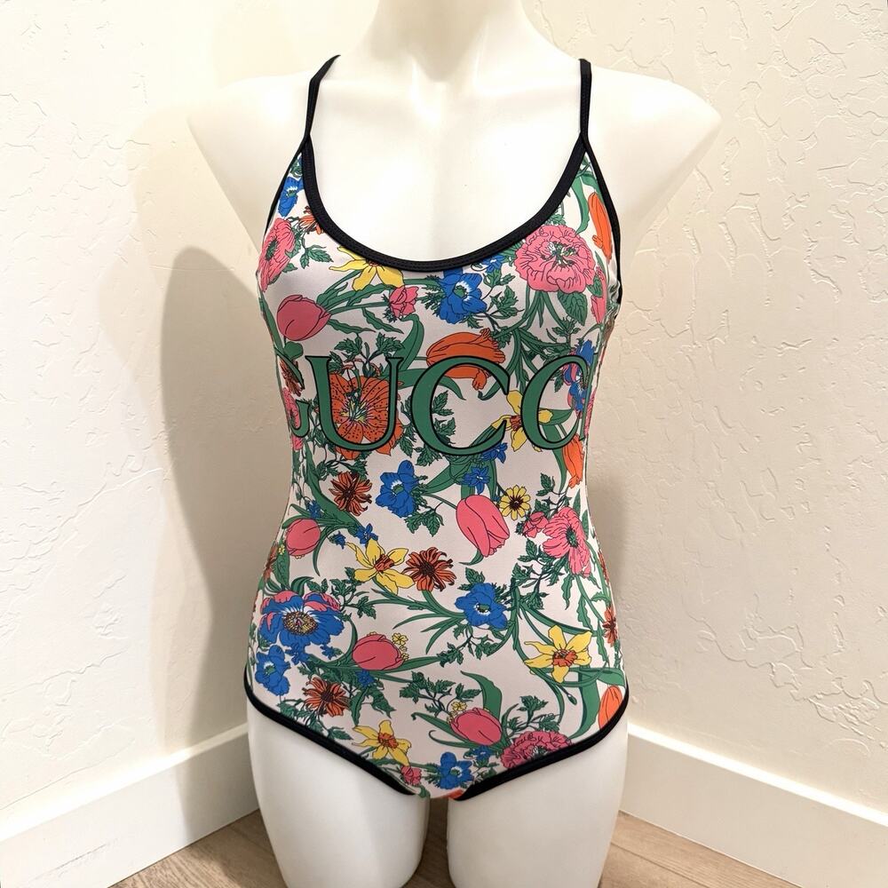 Gucci Floral Print Logo One Piece Swimsuit Womens Medium Italy Multicolor